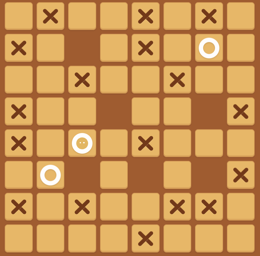 Hard 8x8 board where the agent must clear X blockers before approaching the O piece